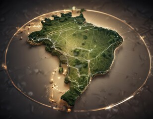 Stylized Brazil map, circular network highlighting internal connections, design, vector