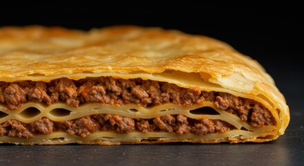 Traditional Greek pastitsio cross-section with meat and pasta layers on black background