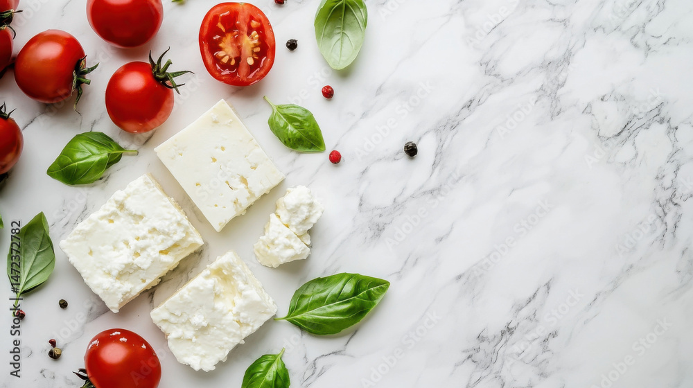 Poster overhead shot of feta cheese cubes, fresh basil leaves, and ripe red tomatoes arranged on a marble s