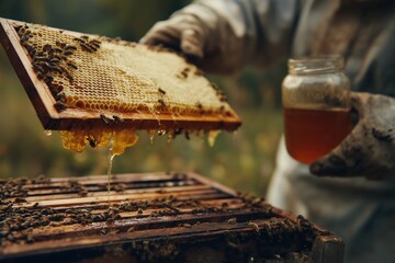 Beekeeper Harvesting Honey From Honeycomb Outdoors