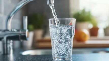 A faucet pouring water into a glass in a kitchen with green plants.