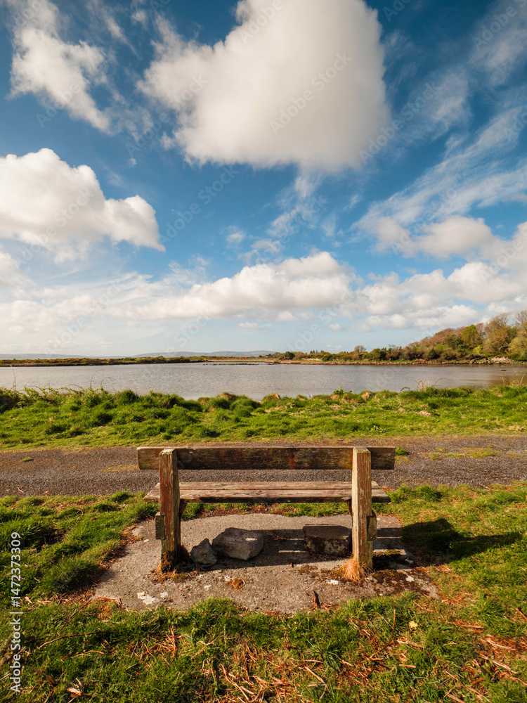 Fototapete one wooden old bench by a walking path with stunning view on open space with lake and amazing blue c