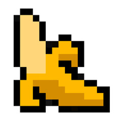 Vector illustration of a yellow banana emoji in pixel art style isolated on white background. Created in nostalgic 8 bit graphics. Vibrant fruit emoji is ideal for video games, digital stickers