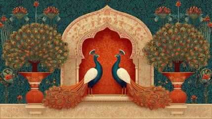 Indian wedding invite design with Mughal arch peacock and floral elements