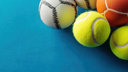 Closeup of a baseball, tennis balls, and a basketball resting on a vibrant blue surface.  The balls are arranged casually, creating a dynamic and playful composition. : Generative AI