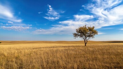 Fototapeta premium Solitary tree stands in a vast, golden prairie under a vibrant blue sky with fluffy white clouds, evoking a sense of peace and serenity. : Generative AI