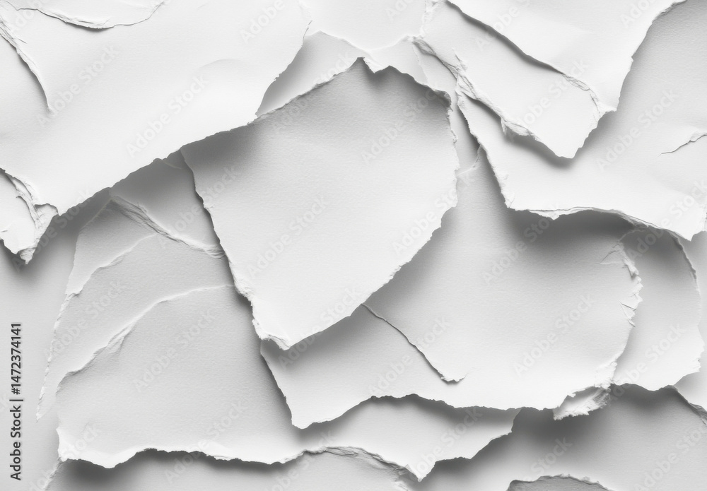 Leinwandbilder Abstract monochrome texture of layered, torn white paper pieces creating a dramatic, uneven surface with irregular edges and shadows. : Generative AI