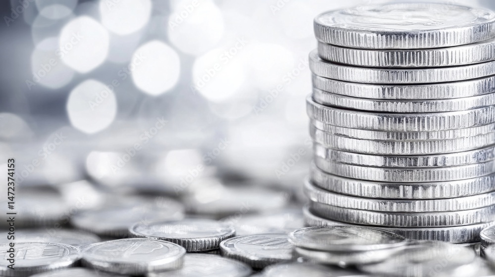 Poster a close-up view of a stack of shiny silver coins, sharply in focus, against a blurred bokeh backgrou