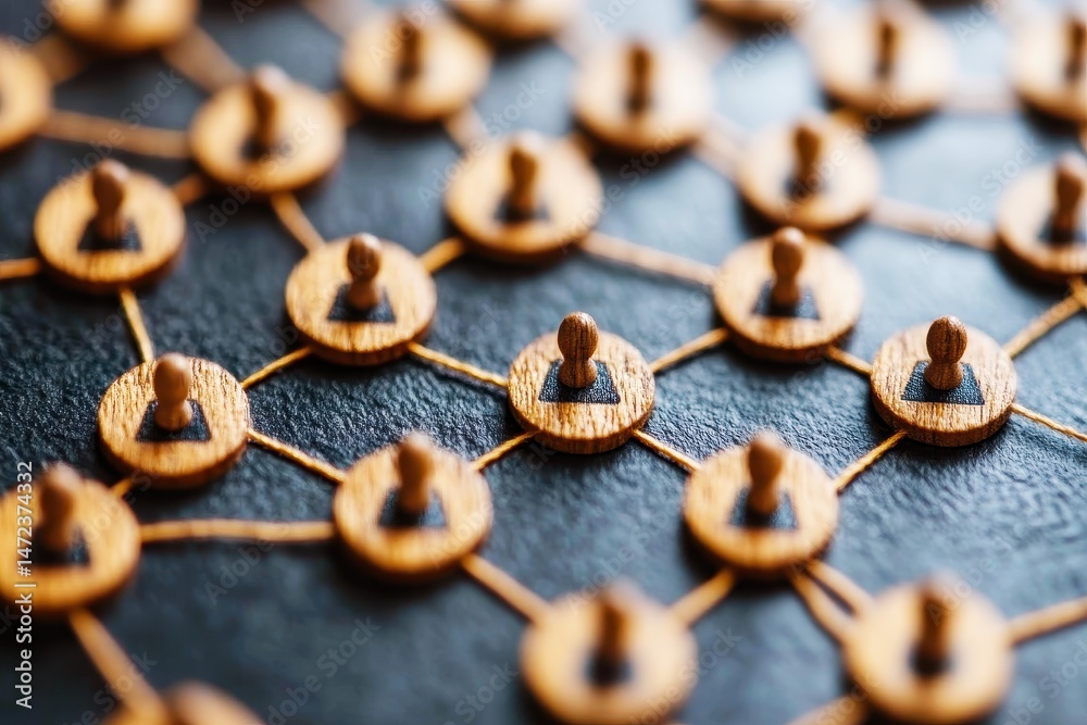 Wall mural wooden figurines connected by threads on a dark background symbolizing networking and collaboration 