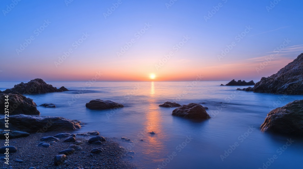 Poster serene sunrise over calm ocean waters, with dark rocks and pebbles on the shore, creating a peaceful
