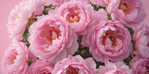 Obraz premium Tightly packed pink peonies, delicate petals, soft pink backdrop , close-up, full, bright