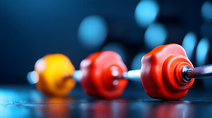 Close-up of colorful dumbbells on a dark surface, gym equipment