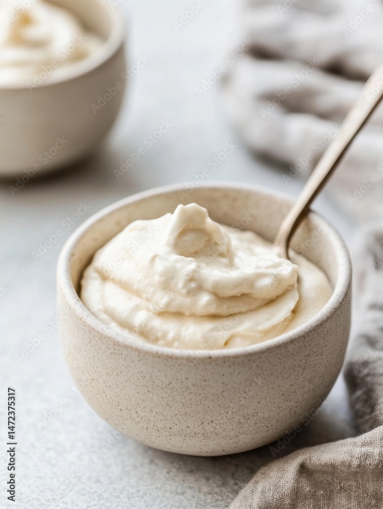 Poster creamy, off-white dessert in a speckled bowl, a spoonful ready to be enjoyed. close-up view highligh