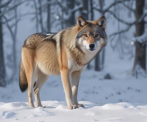 Fototapeta premium A lone Eurasian wolf in deep snow, winter scene , snow, forest, winter