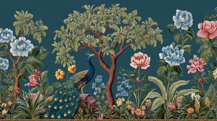 Mughal garden mural with peacock and floral garden design