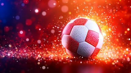 Fototapeta premium Fiery soccer ball amidst sparkling, red bokeh