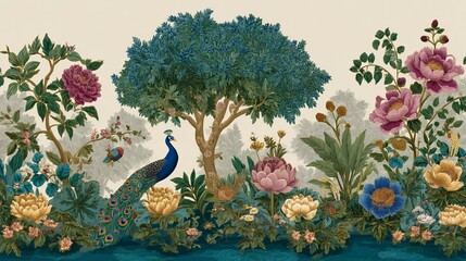 Mughal garden mural with peacock and floral garden design