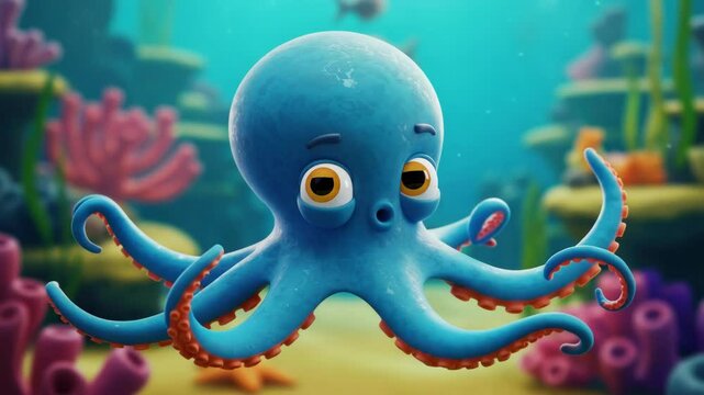 Cartoon octopus in underwater coral reef