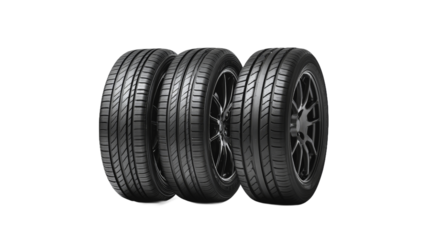 Three modern car tires displayed prominently against a clean background, showcasing their tread patterns and design, ideal for automotive advertising or product catalogs