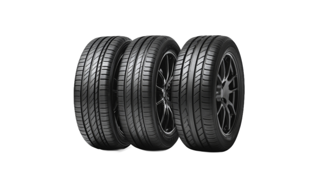 Three modern car tires displayed prominently against a clean background, showcasing their tread patterns and design, ideal for automotive advertising or product catalogs