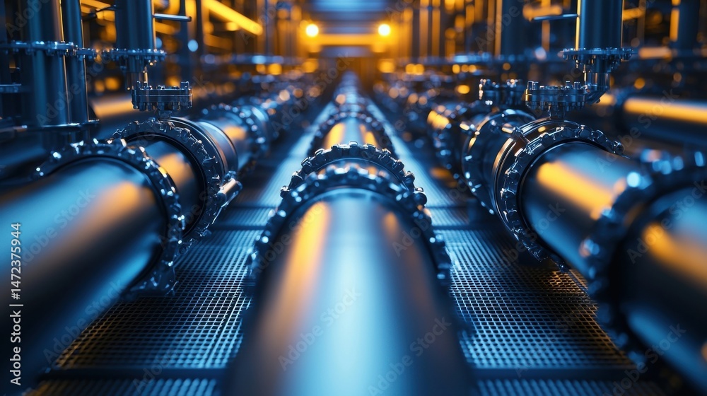 Aufkleber industrial pipeline system: close view of metallic pipes, valves, and flange connections in a modern