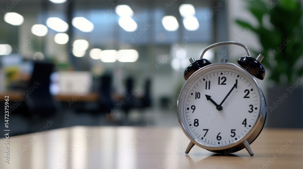 Poster a classic alarm clock sits on a desk in a modern office, the blurred background suggesting a busy wo
