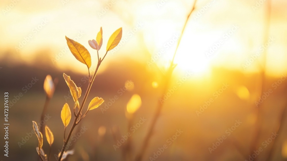 Poster golden hour sunlight illuminates delicate new leaves on a slender branch, creating a peaceful and se
