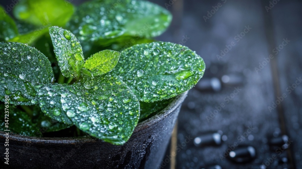 Poster close-up view of vibrant green leaves glistening with water droplets, nestled in a dark pot, creatin