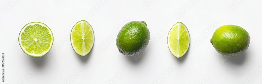 Poster five vibrant limes arranged in a row against a clean white background, showcasing whole limes and ha
