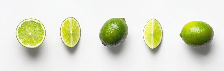 Five vibrant limes arranged in a row against a clean white background, showcasing whole limes and halved limes, ideal for refreshing summer beverage or food photography. : Generative AI