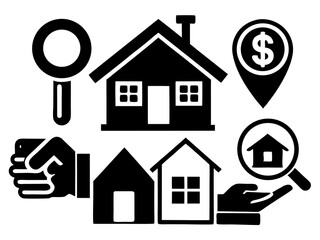 House, linear style icons set. Houses, Apartment building, duplex, key silhouette