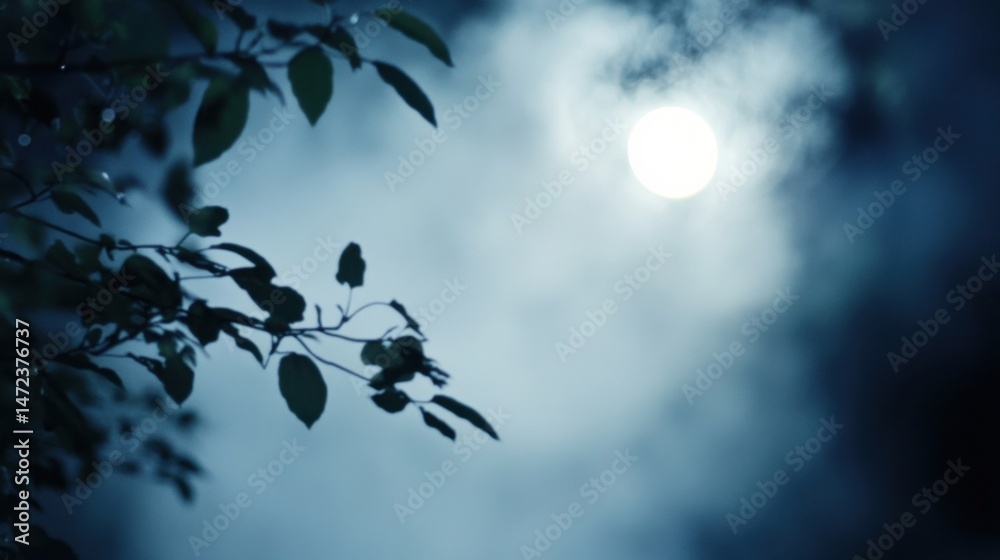 Poster Silhouetted tree branch against a hazy moonlit sky, creating a serene and mysterious nighttime scene. : Generative AI