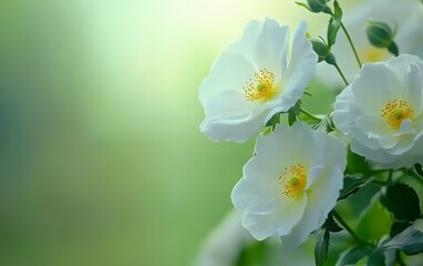 Fototapeta premium Soft White Roses Blooming in Green Garden