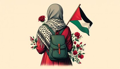 Symbolic art of a figure in hijab with Palestinian flag and roses backdrop