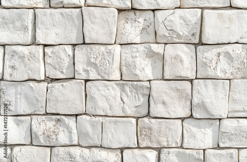 Poster A textured wall of off-white, roughly hewn stone blocks, arranged in a neat, even grid pattern, showing subtle variations in color and shape. : Generative AI