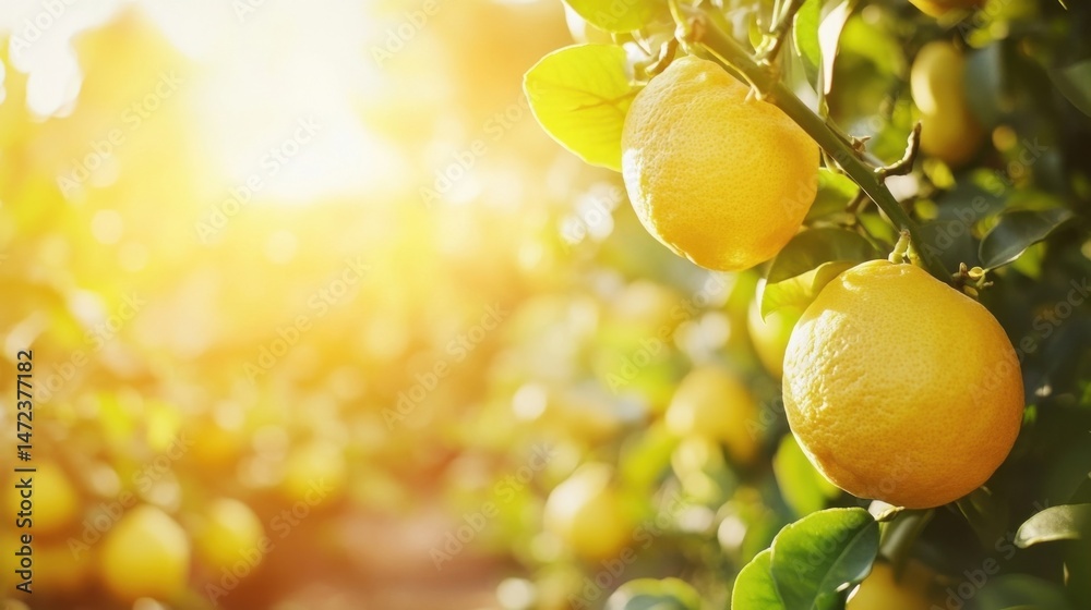 Poster ripe lemons hanging from a tree branch, bathed in warm sunlight, with a blurred background of more l
