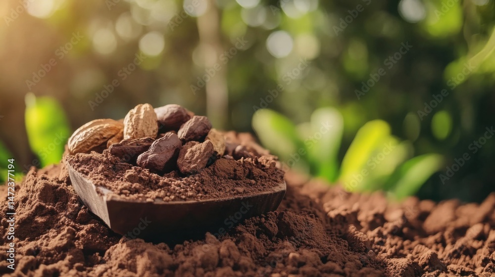 Poster a wooden bowl brimming with roasted cocoa beans rests on a generous mound of rich, dark cocoa powder