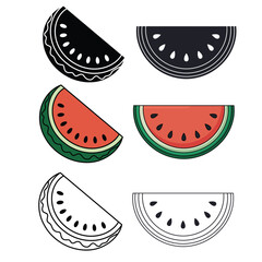 Watermelon Slice Illustration Set Color Black and White, Watermelon Line Art Illustrations Set for Coloring, Watermelon Fruit Half Slice Icons Black White