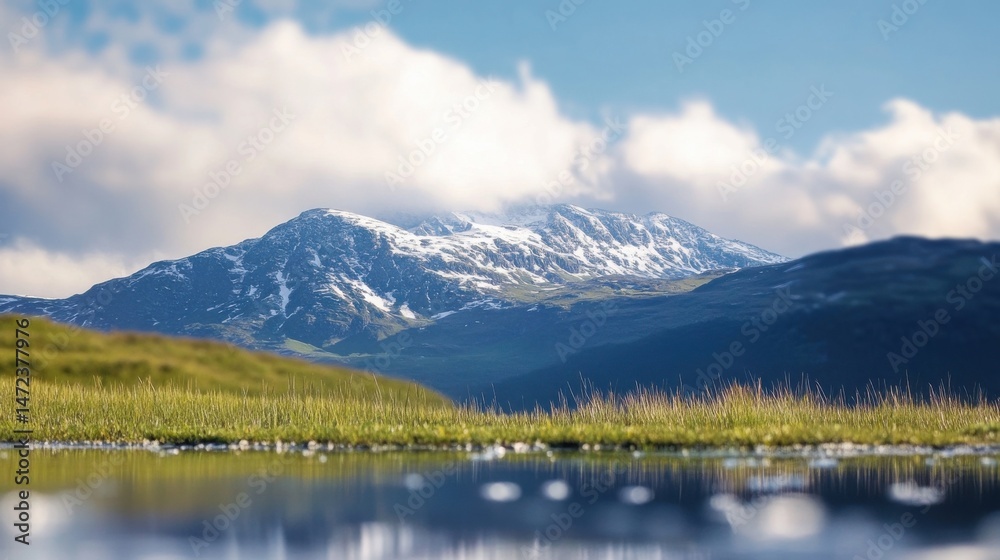 Poster serene mountain landscape reflecting in a calm pool of water, showcasing a snow-capped peak under a 
