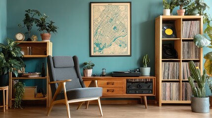 Retrostyle living room with map poster armchair vinyl and plants