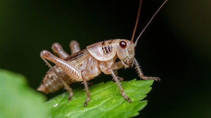 Fototapeta premium Closeup of a pale brown cricket perched on a vibrant green leaf, its delicate antennae extended, against a dark, blurred background. : Generative AI