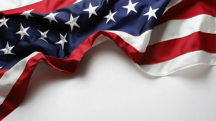 A gently draped American flag, showcasing its vibrant red, white, and blue stripes and stars, rests on a pristine white surface, leaving ample space for text or design elements. : Generative AI
