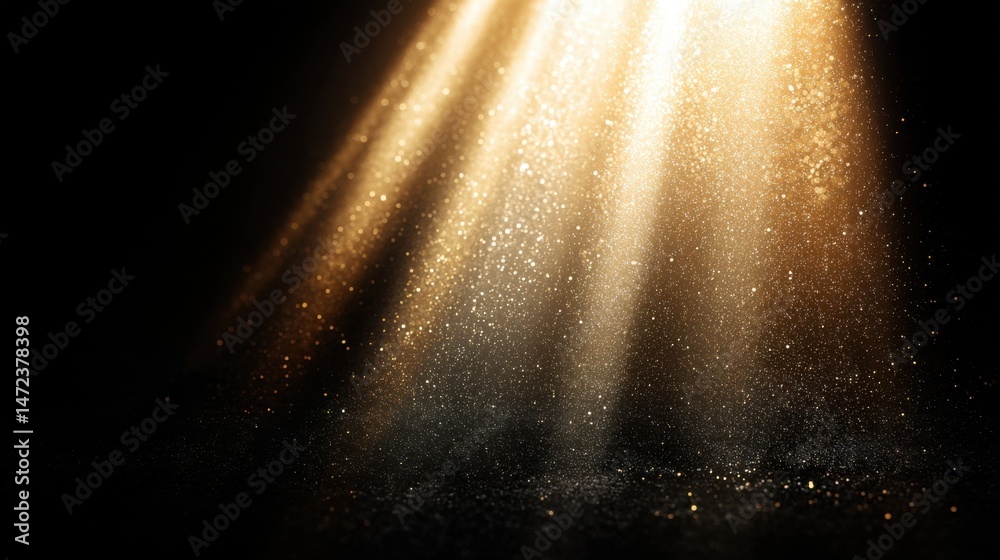 Aufkleber golden glitter particles illuminated by spotlights against a black background, creating a luxurious 