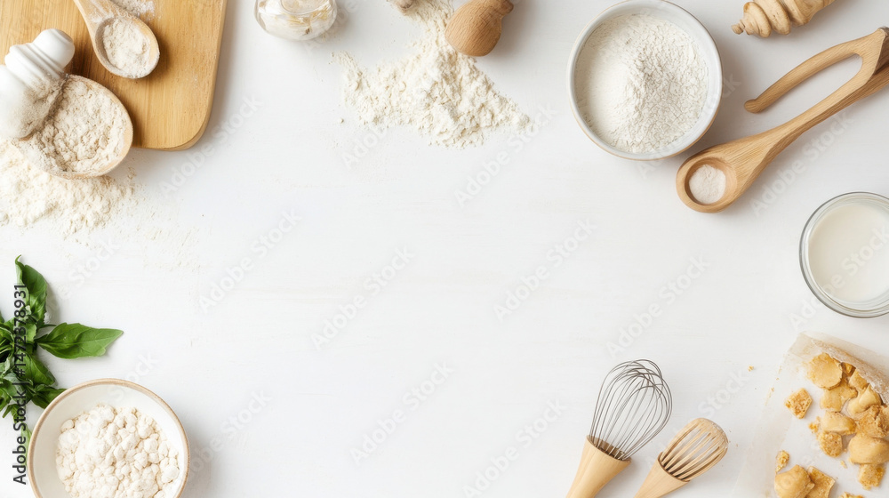 Poster wooden kitchen utensils and bowls of flour surround a white surface, creating a baking-themed border