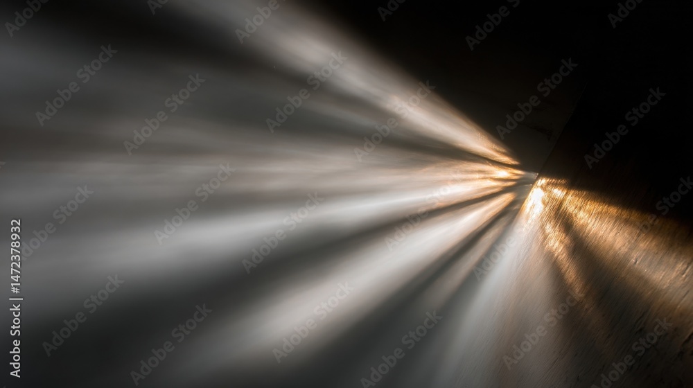 Aufkleber golden light rays stream into a dark room, illuminating a wooden floor and creating a dramatic, ethe