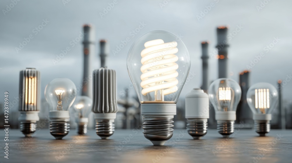 Poster energy-efficient light bulbs illuminate against an industrial factory backdrop, showcasing a variety