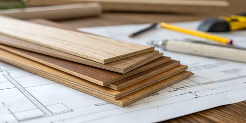 Stack of Wood Samples on Architectural Plans Home Renovation and Construction Concept