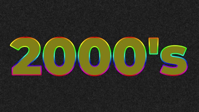 2000's text with many colors and random flashing on black white snow noise background