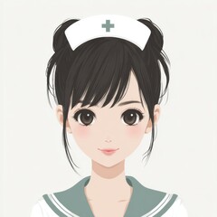 Anime nurse with dark hair and big eyes smiles gently looking at the viewer