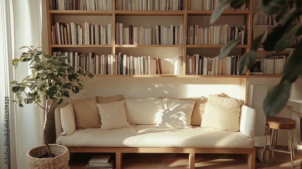Poster sunlight streams into a minimalist living room, illuminating a beige sofa with cushions and a wooden